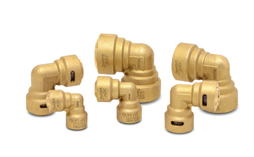 Elbow Fitting, 1/2", Zoomlock Push, Brass, 90 deg Elbow