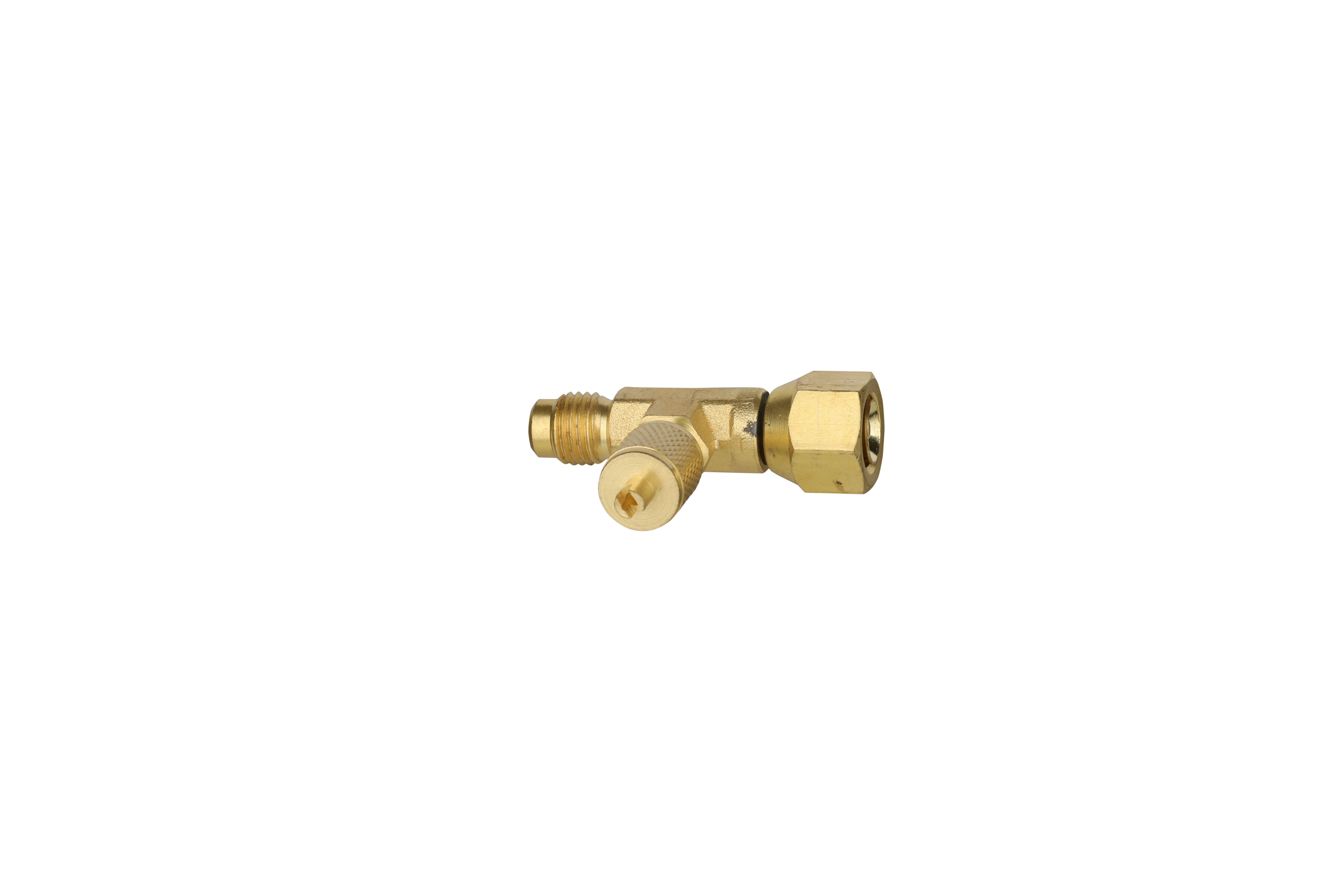 Tee Fitting, 1/4", MPT x F Swivel x Male Flare, w/ Depressor
