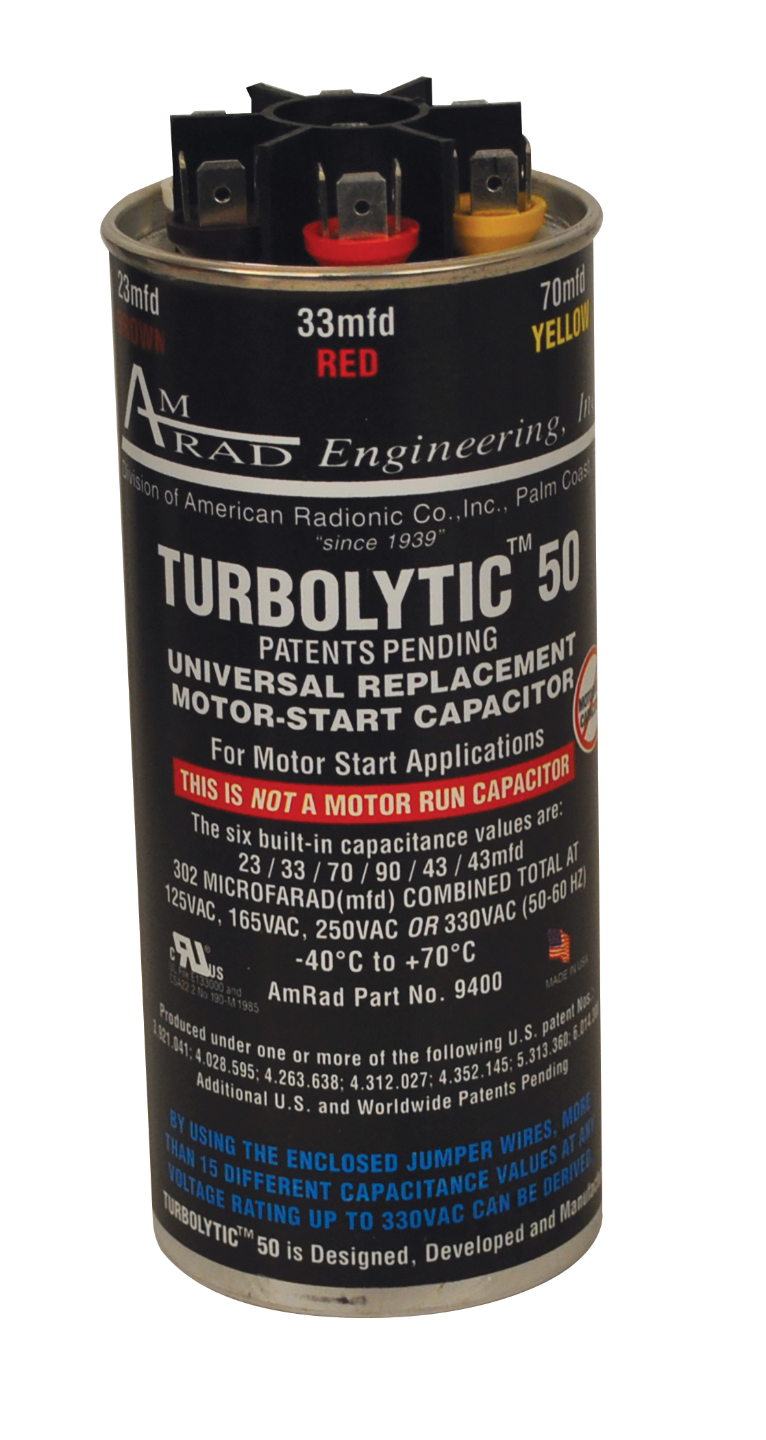 Capacitor, Up to 302mfd 2-1/2"x5-3/4"H Start Turbolytic50