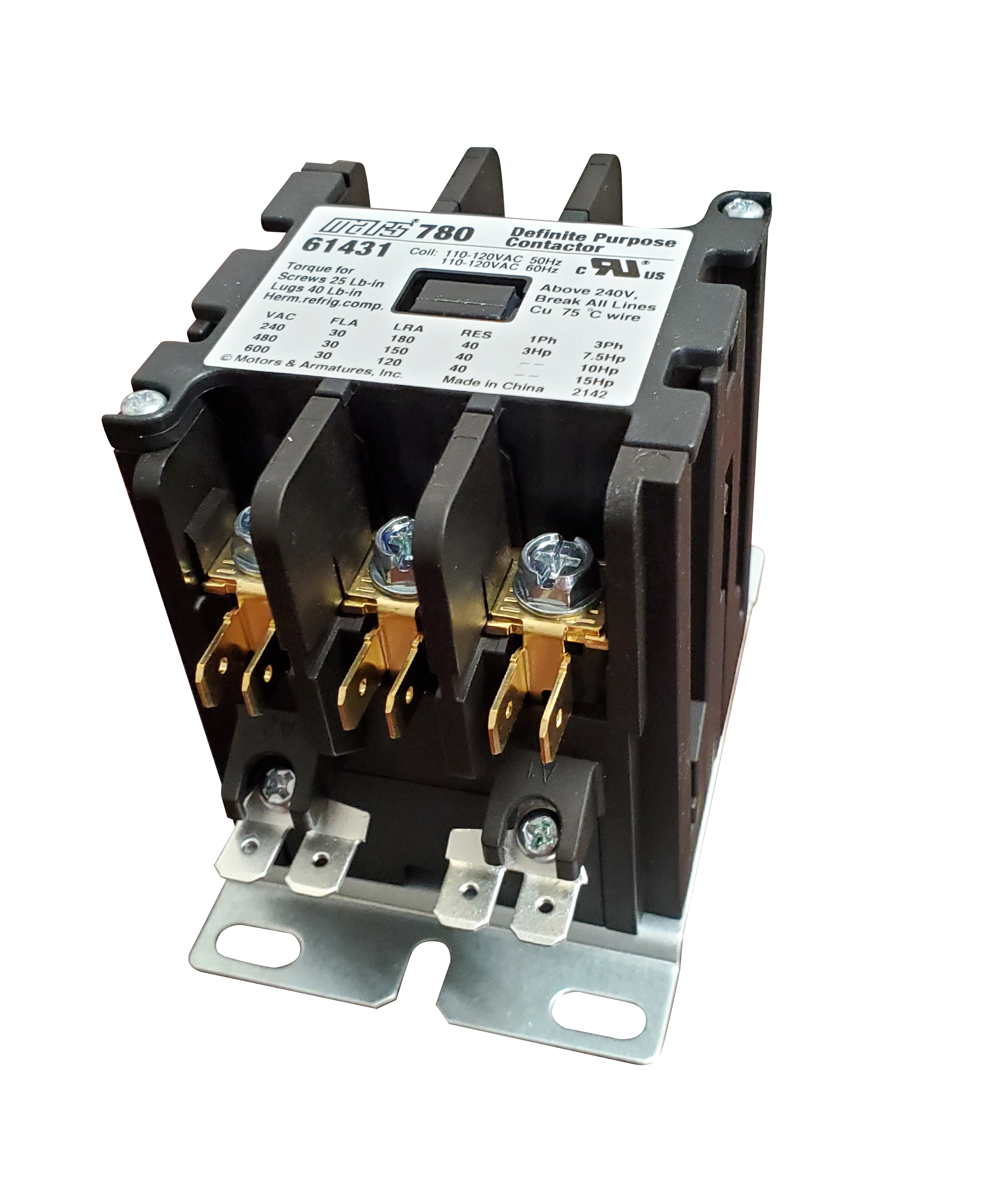 Contactor, 120V, 3-Pole, 30A, Definite Purpose