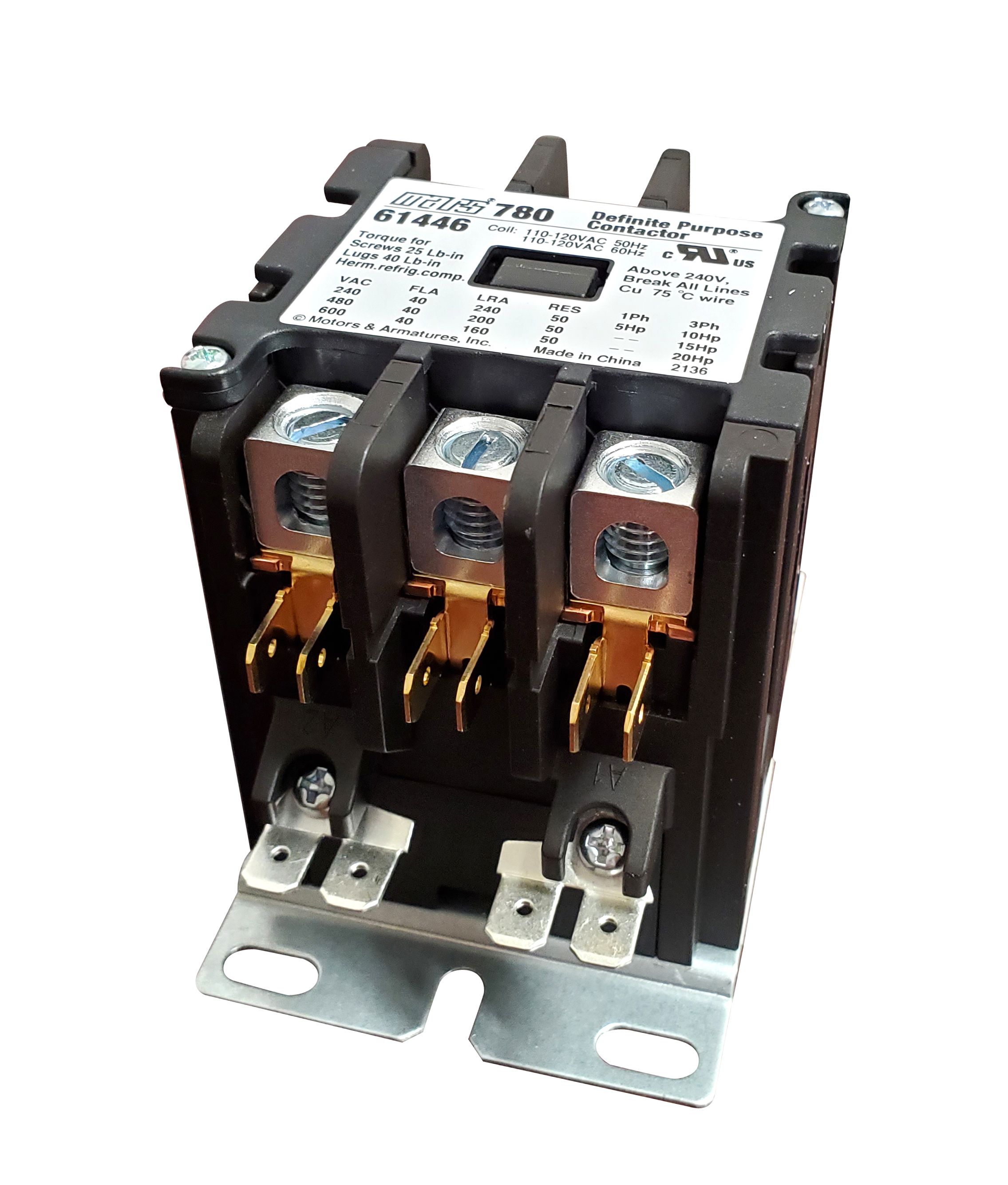 Contactor, 120V, 3-Pole, 40A, Definite Purpose