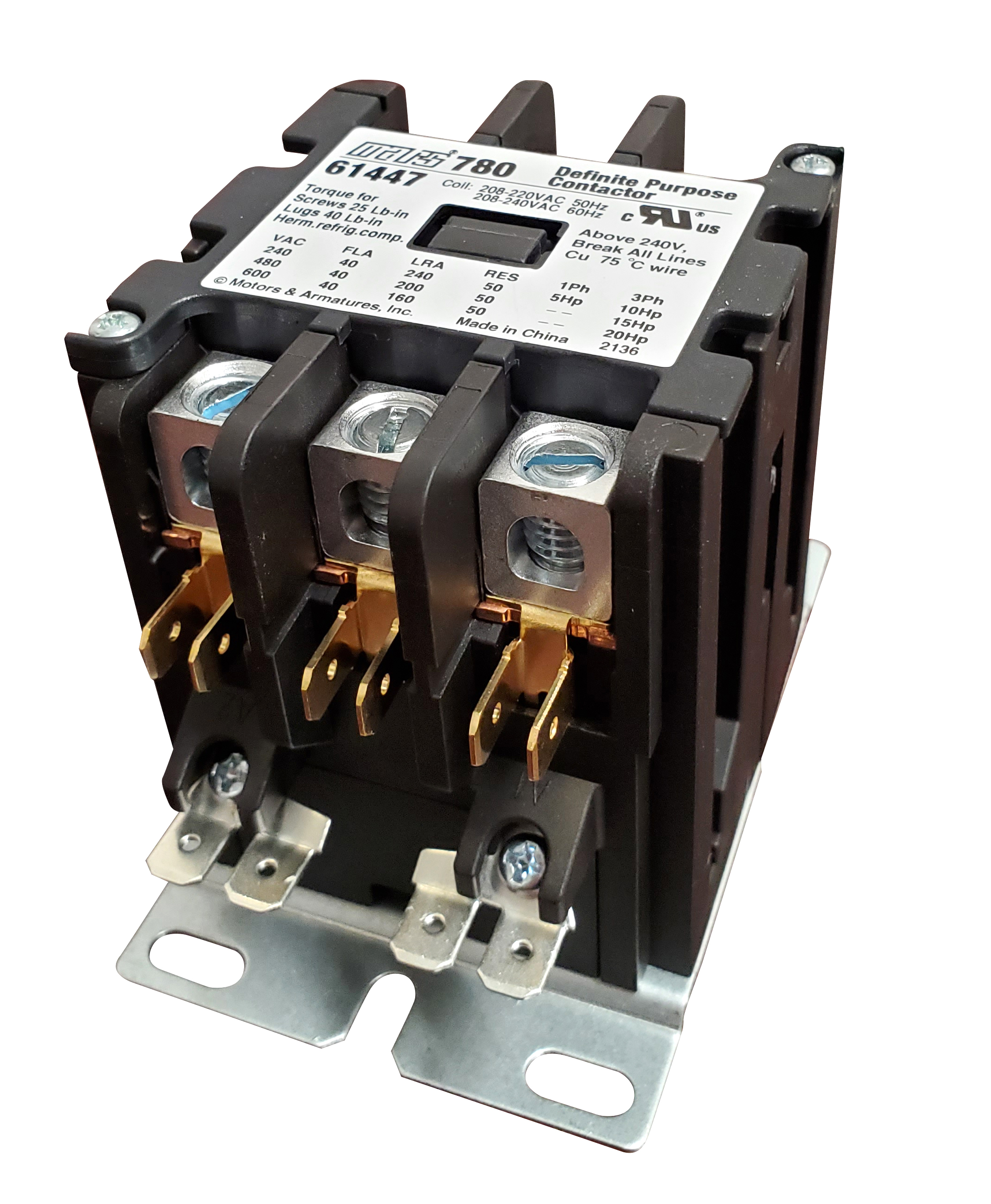 Contactor, 240V, 3-Pole, 40A, Definite Purpose