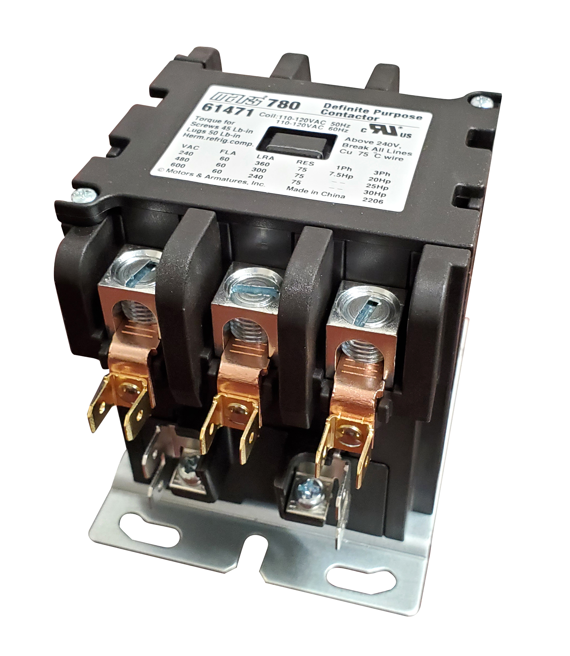 Contactor, 120V, 3-Pole, 60A, Definite Purpose